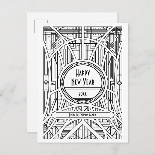 Retro Art Deko glücklich Neues Jahr Postkarte (Vorne/Hinten)