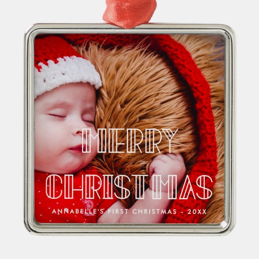 Retro Art Deko Merry Christmas Baby Foto Ornament Aus Metall (Vorne)