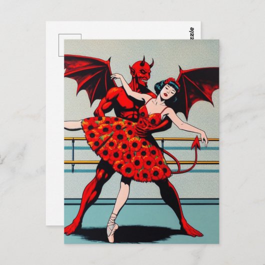 Retro Art Devil Mit Ballerina in einem Mohnkleid Postkarte (Vorne/Hinten)