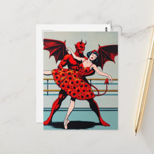 Retro Art Devil Mit Ballerina in einem Mohnkleid Postkarte (Vorderseite/Rückseite Beispiel)
