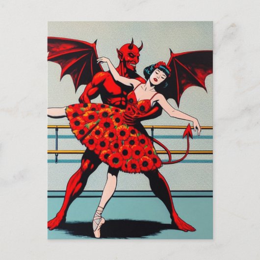Retro Art Devil Mit Ballerina in einem Mohnkleid Postkarte (Vorderseite)