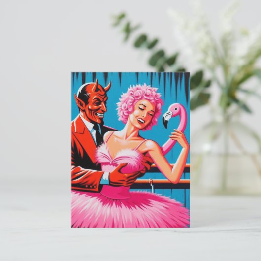 Retro Art Devil mit Ballet Dancer rosa Flamingo Postkarte (Stehend Vorderseite)