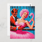 Retro Art Devil mit Ballet Dancer rosa Flamingo Postkarte (Vorne/Hinten)
