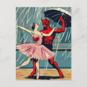 Retro Art Devil mit Balletttänzerin in Regen Postkarte (Vorderseite)