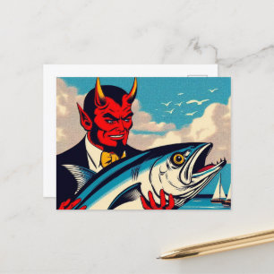 Retro Art Devil mit einem Tunfisch am Strand Postkarte
