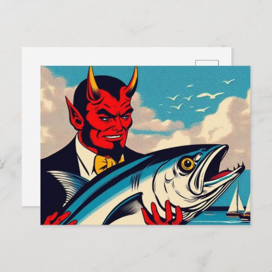 Retro Art Devil mit einem Tunfisch am Strand Postkarte (Vorne/Hinten)