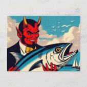 Retro Art Devil mit einem Tunfisch am Strand Postkarte (Vorderseite)
