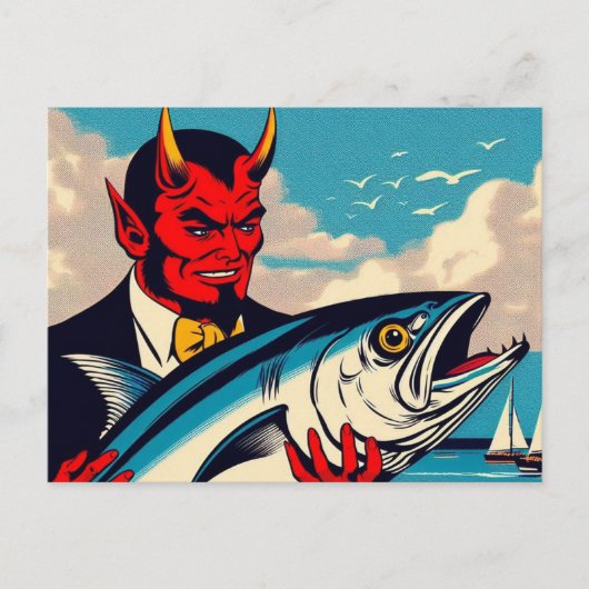 Retro Art Devil mit einem Tunfisch am Strand Postkarte (Vorderseite)