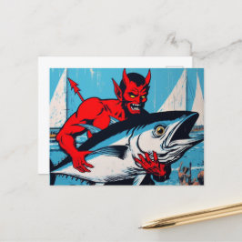 Retro Art Devil mit einem Tunfisch der Beach Grung Postkarte