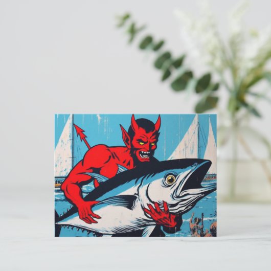 Retro Art Devil mit einem Tunfisch der Beach Grung Postkarte (Stehend Vorderseite)