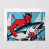 Retro Art Devil mit einem Tunfisch der Beach Grung Postkarte (Vorne/Hinten)