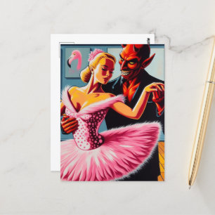 Retro Art Devil mit Flamingo Dancer Postkarte