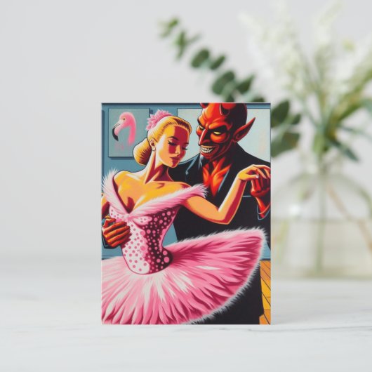 Retro Art Devil mit Flamingo Dancer Postkarte (Stehend Vorderseite)