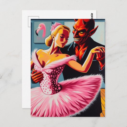 Retro Art Devil mit Flamingo Dancer Postkarte (Vorne/Hinten)
