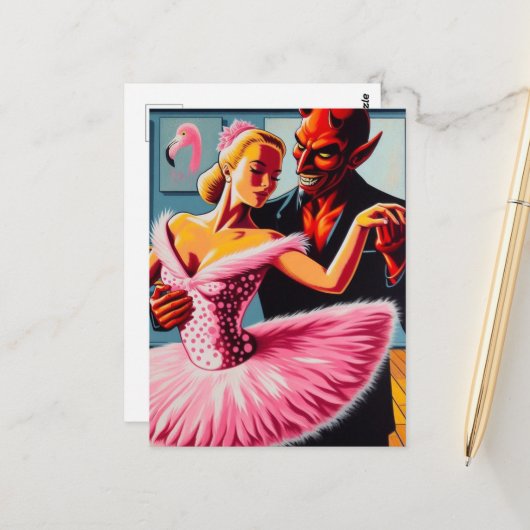 Retro Art Devil mit Flamingo Dancer Postkarte (Vorderseite/Rückseite Beispiel)