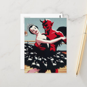 Retro Art Devil with Ballet Dancer Swan Dress Postkarte