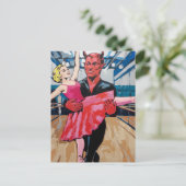 Retro Art Devil with Dancer in einem rosa Kleid Postkarte (Stehend Vorderseite)
