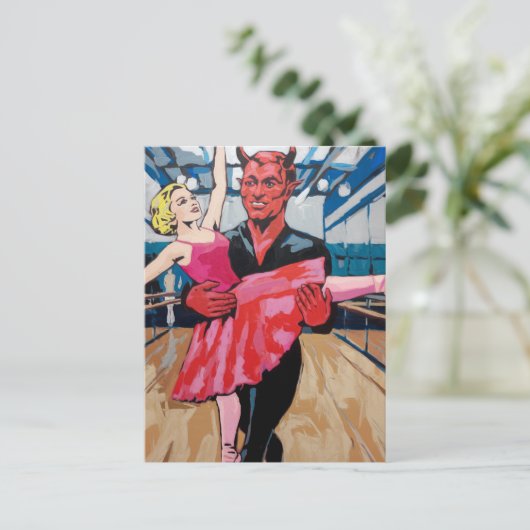 Retro Art Devil with Dancer in einem rosa Kleid Postkarte (Stehend Vorderseite)