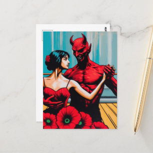 Retro Art Devil with Dancer in einem roten Mohnkle Postkarte