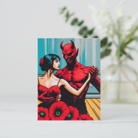 Retro Art Devil with Dancer in einem roten Mohnkle Postkarte (Stehend Vorderseite)