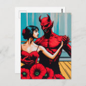 Retro Art Devil with Dancer in einem roten Mohnkle Postkarte (Vorne/Hinten)