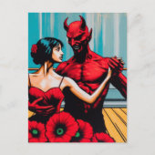 Retro Art Devil with Dancer in einem roten Mohnkle Postkarte (Vorderseite)