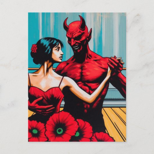 Retro Art Devil with Dancer in einem roten Mohnkle Postkarte (Vorderseite)