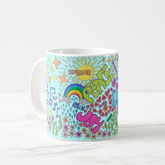 Retro Art. Friede, Liebe, Joy. Stil der 60er Kaffeetasse (Vorderseite Links)