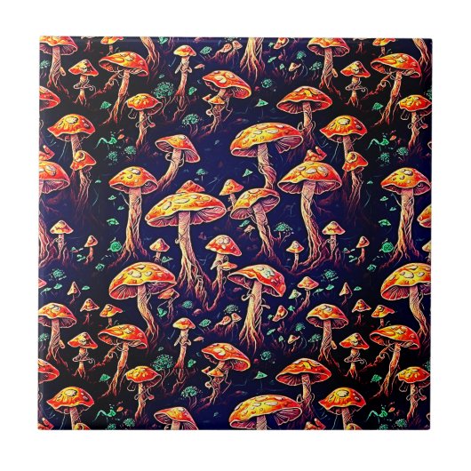 Retro Art Mushrooms - Biolumineszenz Dreamscape Fliese (Vorderseite)