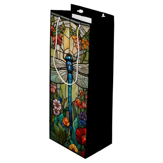Retro Art Nouveau Dragonfly boho chic Geschenktüte Für Weinflaschen (Vorderseite Schrägansicht)