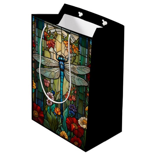 Retro Art Nouveau Dragonfly boho chic Mittlere Geschenktüte (Rückseite Schrägansicht)