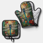 Retro Art Nouveau Dragonfly boho chic Ofenhandschuh & Topflappen-Set (Vorderseite/Rückseite)