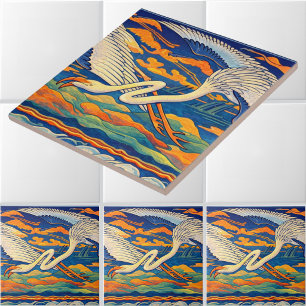 Retro-Art Nouveau-Fries fliegender Flamingos Fliese