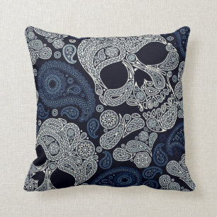 Retro Art-Paisley-Schädel im Marine-Blau Kissen
