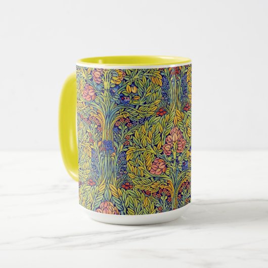 Retro Arts & Crafts style Birds in Trees Pattern Tasse (Vorderseite Links)
