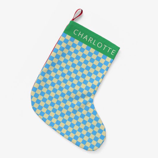 Retro-Ästhetische Checkerboard Blau Personalisiert Kleiner Weihnachtsstrumpf (Vorderansicht (hängend))
