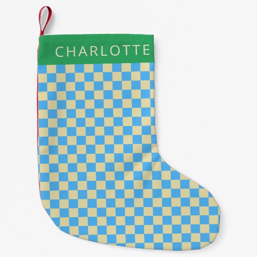 Retro-Ästhetische Checkerboard Blau Personalisiert Kleiner Weihnachtsstrumpf (Vorderseite)