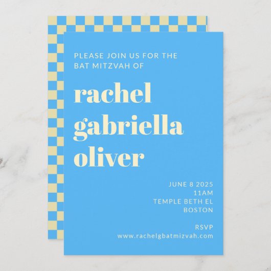 Retro-Ästhetische Tafel Blue Bat Bar Mitzvah Einladung (Vorne/Hinten)