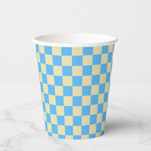 Retro Ästhetisches Prüfbrettmuster Blau Weiß Pappbecher (Vorderseite)