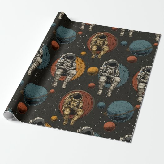 Retro-Astronaut-Raumszene-Wrap-Papier Geschenkpapier (Ungerollt)