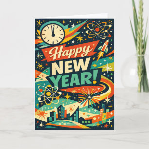 Retro-Atom-Space-Age-Neujahr Feiertagskarte