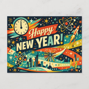 Retro-Atom-Space-Age-Neujahr Feiertagspostkarte
