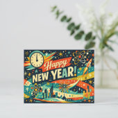 Retro-Atom-Space-Age-Neujahr Feiertagspostkarte (Stehend Vorderseite)