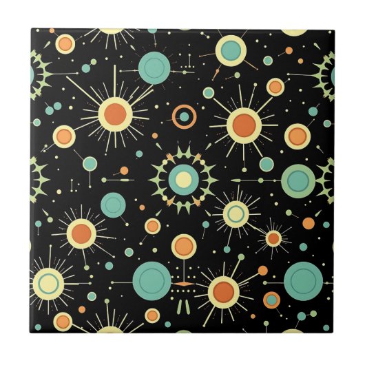 Retro-Atom-Sternenexplosion-Midcentury-Muster Fliese (Vorderseite)