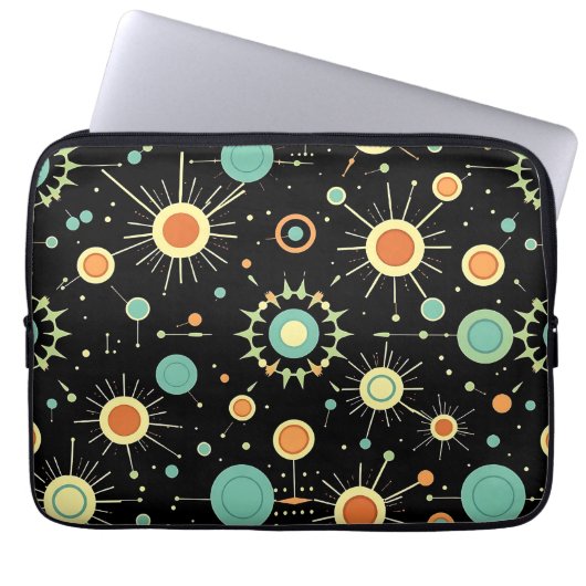 Retro-Atom-Sternenexplosion-Midcentury-Muster Laptopschutzhülle (Vorderseite)