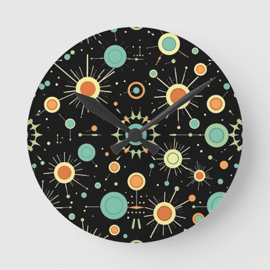 Retro-Atom-Sternenexplosion-Midcentury-Muster Runde Wanduhr (Vorderseite)