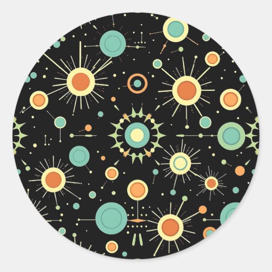 Retro-Atom-Sternenexplosion-Midcentury-Muster Runder Aufkleber (Vorderseite)