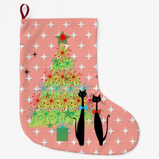 Retro Atoma Mitte Jahrhundert Modernes Cooles Katz Großer Weihnachtsstrumpf (Vorderseite)