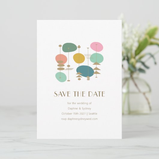 Retro Atomage Mitte Jahrhundert Moderne schicke Ho Save The Date (Stehend Vorderseite)