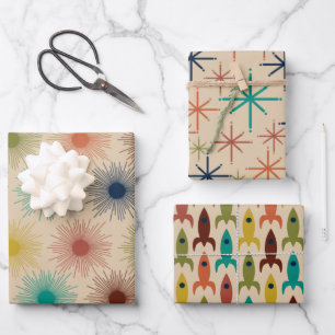 Retro Atomage Mittelalter Mod Suns Stars Raketen Geschenkpapier Set
